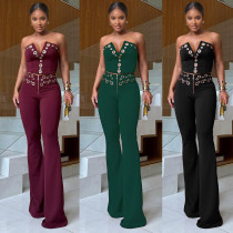 EVE Plus Size Metal buttons V-neck Two-piece Pants Set NY-3598