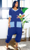 EVE Plus Size V Neck Patchwork Contrast Color Loose Jumpsuit NY-3600