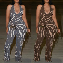 EVE Plus Size Backless Tassel Loose Print Jumpsuit NY-3611