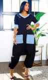 EVE Plus Size V Neck Patchwork Contrast Color Loose Jumpsuit NY-3600