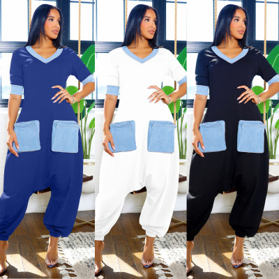 EVE Plus Size V Neck Patchwork Contrast Color Loose Jumpsuit NY-3600