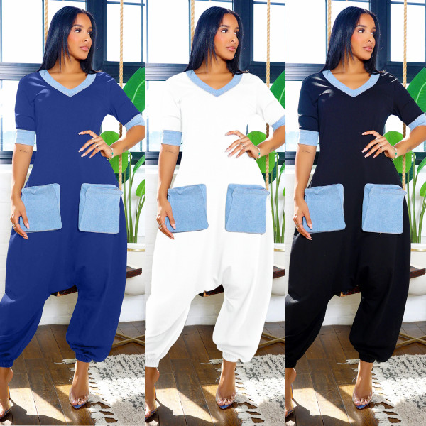 EVE Plus Size V Neck Patchwork Contrast Color Loose Jumpsuit NY-3600