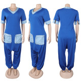 EVE Plus Size V Neck Patchwork Contrast Color Loose Jumpsuit NY-3600