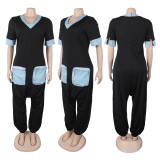 EVE Plus Size V Neck Patchwork Contrast Color Loose Jumpsuit NY-3600