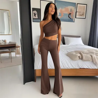 EVE Solid Color Slash Shoulder Two Piece Skirt Set FL-YJ25049MHO
