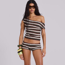 EVE Slash Shoulder Stripe Two Piece Shorts Set XEF-K25S71121