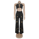 EVE Sexy Halterneck Tops Hollow Out Pants 2 Piece Set BY-7313