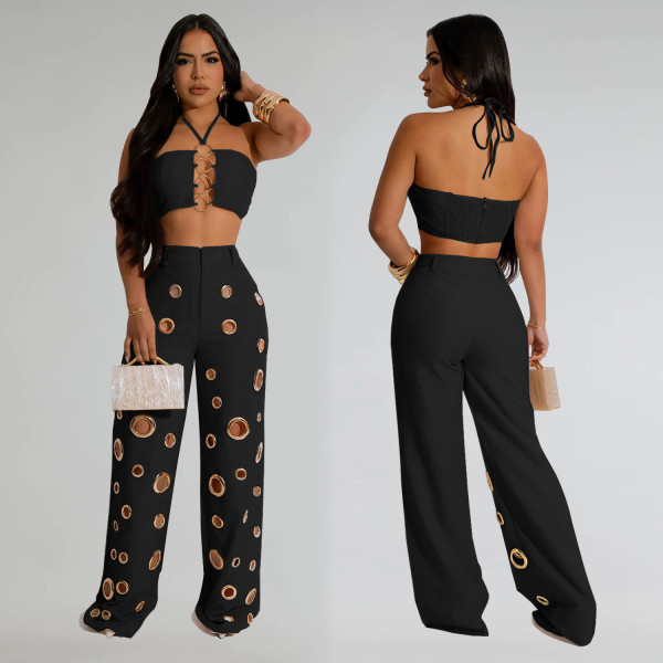 EVE Sexy Halterneck Tops Hollow Out Pants 2 Piece Set BY-7313