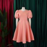 EVE Plus Size Solid Color Lantern Sleeve Midi Dress GCZF-8631