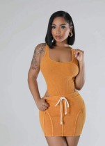 EVE Rib Washed Sleeveless Bodysuit Two Piece Skirt Set GBGF-6620