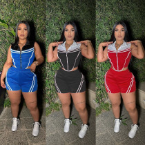 EVE Plus Size Stripe Patchwork Contrast Color Sport Shorts Suit NY-3623