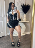 EVE Plus Size Stripe Patchwork Contrast Color Sport Shorts Suit NY-3623