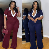 EVE Plus Size Color Block Lapel Micro Flare Jumpsuit NY-11053