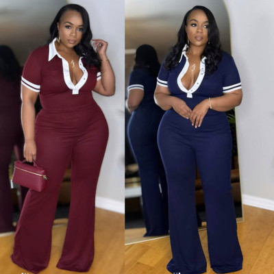 EVE Plus Size Color Block Lapel Micro Flare Jumpsuit NY-11053