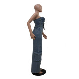 EVE Fashion Wrap Denim Wide Leg Jumpsuit TR-1333