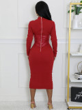 EVE Long Sleeve Patchwork Slim Midi Dress YH-5356