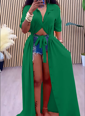 EVE Solid Shirt Neck  Tie Up Big Swing Maxi Dress OMY-11078