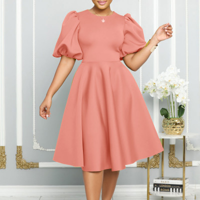 EVE Plus Size Solid Color Lantern Sleeve Midi Dress GCZF-8631
