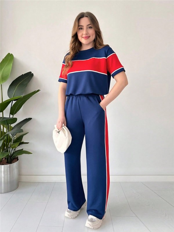 EVE Stripe Patchwork Short Sleeve Top Two Piece Pants Set SH-391374