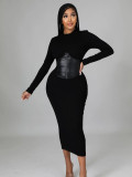 EVE Long Sleeve Patchwork Slim Midi Dress YH-5356