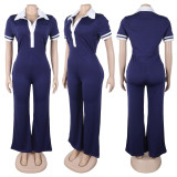 EVE Plus Size Color Block Lapel Micro Flare Jumpsuit NY-11053