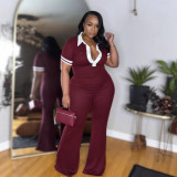 EVE Plus Size Color Block Lapel Micro Flare Jumpsuit NY-11053