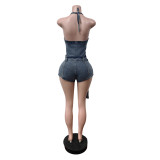 EVE Denim Halterneck Backless Romper MEM-88646