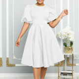 EVE Plus Size Solid Color Lantern Sleeve Midi Dress GCZF-8631