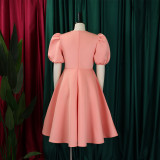 EVE Plus Size Solid Color Lantern Sleeve Midi Dress GCZF-8631