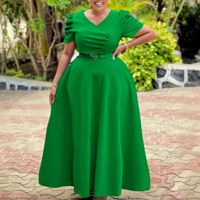 EVE Plus Size V Neck Shor Sleeve Solid Maxi Dress  GCZF-8630