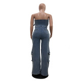 EVE Fashion Wrap Denim Wide Leg Jumpsuit TR-1333