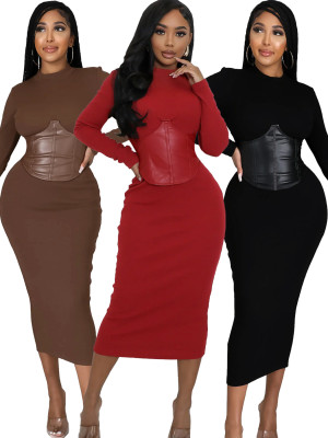 EVE Long Sleeve Patchwork Slim Midi Dress YH-5356