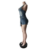 EVE Denim Halterneck Backless Romper MEM-88646