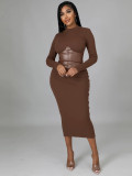 EVE Long Sleeve Patchwork Slim Midi Dress YH-5356