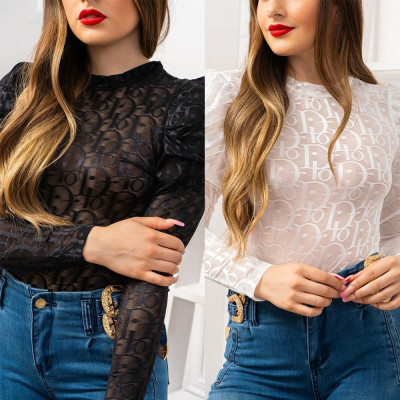 VIP1 Letter Print Long Sleeve Mesh Tops QKYF-71601