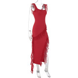 EVE Solid Color Ruffles Patchwork Split Maxi Dress GWSD-D1992300