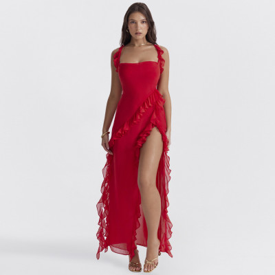 EVE Solid Color Ruffles Patchwork Split Maxi Dress GWSD-D1992300
