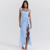 EVE Solid Color Ruffles Patchwork Split Maxi Dress GWSD-D1992300