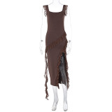 EVE Solid Color Ruffles Patchwork Split Maxi Dress GWSD-D1992300