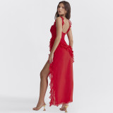EVE Solid Color Ruffles Patchwork Split Maxi Dress GWSD-D1992300