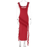 EVE Solid Color Ruffles Patchwork Split Maxi Dress GWSD-D1992300