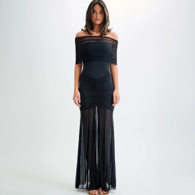 EVE Off Shoulder Pleated Mesh Patchwork Dress 2 Piece Set GWSD-D1993943