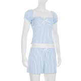 EVE Bow Splicing Bubble Sleeve Top Shorts Casual Set GLRF-WLS28297