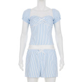 EVE Bow Splicing Bubble Sleeve Top Shorts Casual Set GLRF-WLS28297