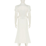 EVE Solid Color Bubble Sleeve V Neck Fishtail Skirt Suit GLRF-WDS35081