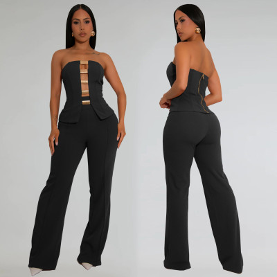 EVE Sexy Wrap Chest Top And Staight Pants 2 Piece Set  BY-7367