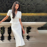 EVE Solid Color Bubble Sleeve V Neck Fishtail Skirt Suit GLRF-WDS35081