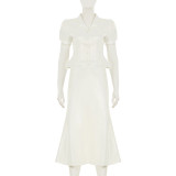 EVE Solid Color Bubble Sleeve V Neck Fishtail Skirt Suit GLRF-WDS35081