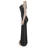 EVE Solid Color Slash Shoulder Maxi Dress BY-7370