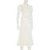 EVE Solid Color Bubble Sleeve V Neck Fishtail Skirt Suit GLRF-WDS35081